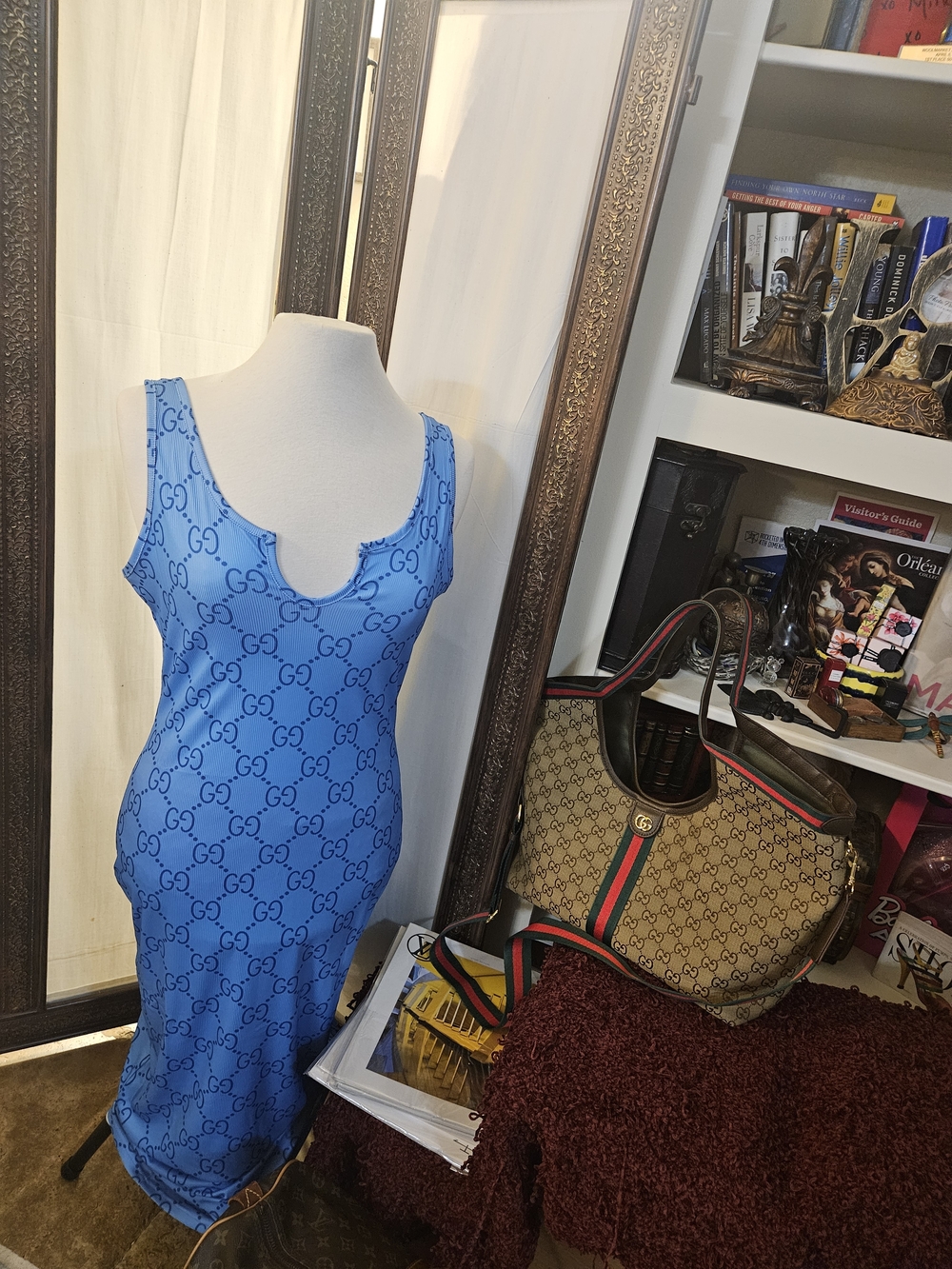 Blue Logo-Print Maxi Tank Dress by